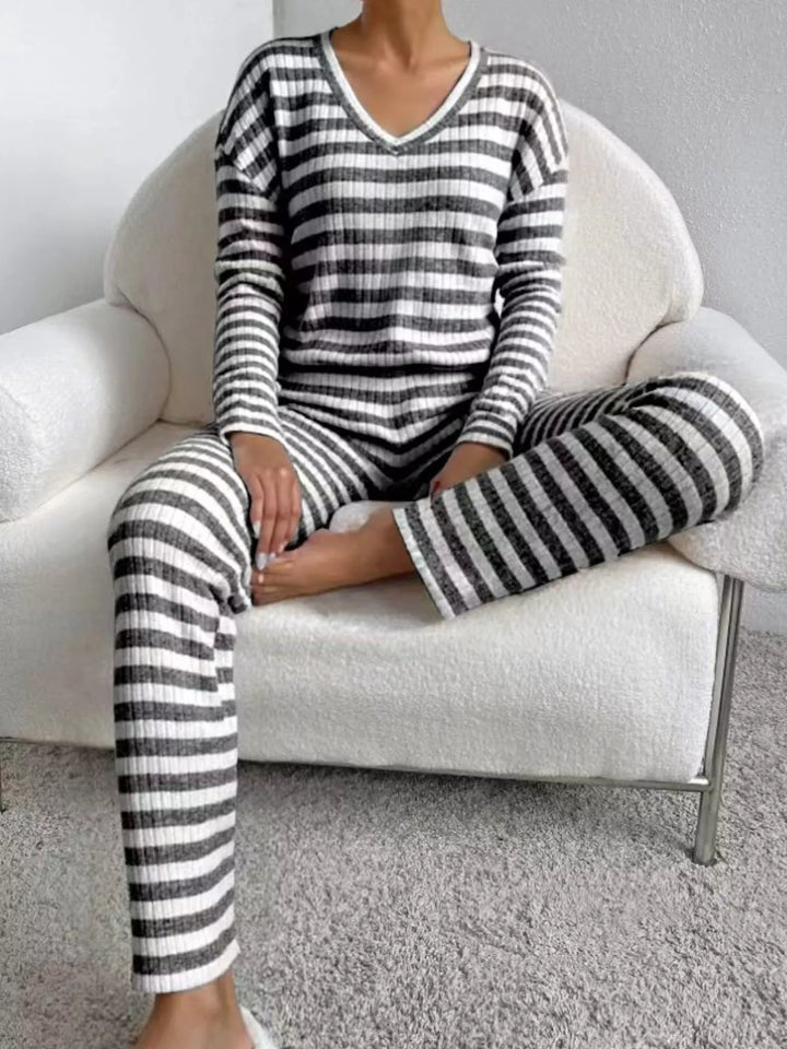 Striped Ribbed Knit Top and Pants Set