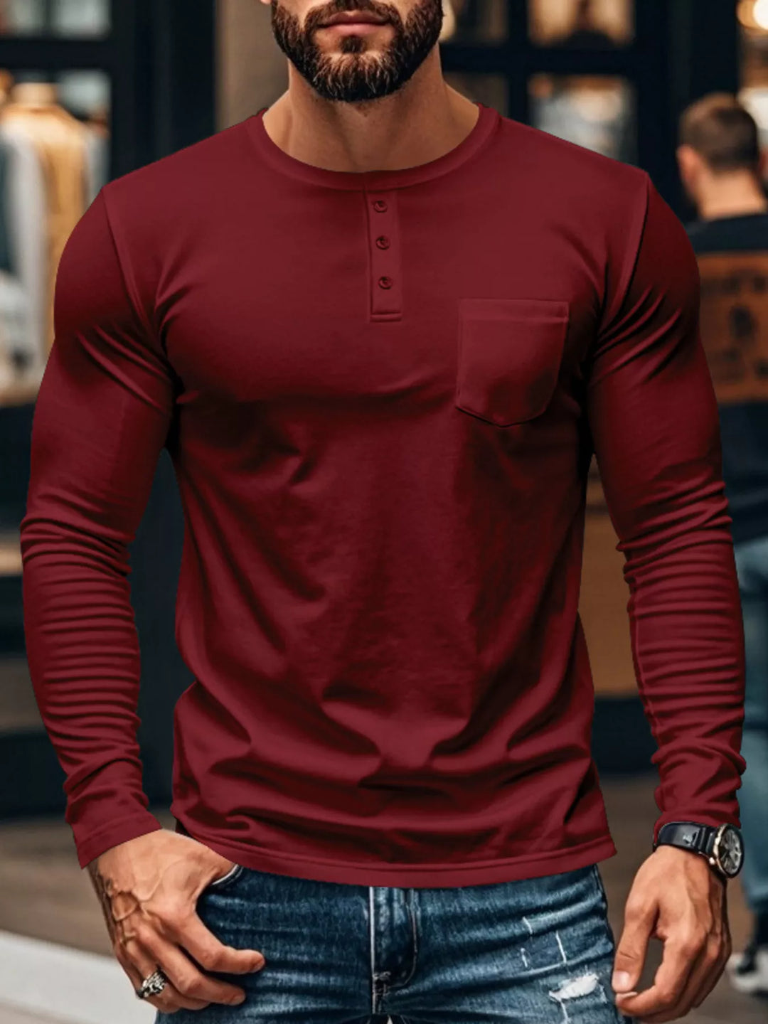 Men's Plus Size Casual Long Sleeve Henley T-Shirt with Pocket