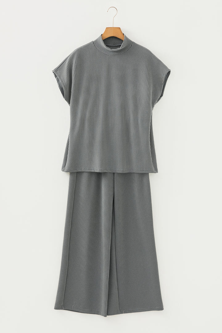 Dark Grey Twisted Ribbed High Neck Loose Tee Elastic High Waist Loose Pant Set