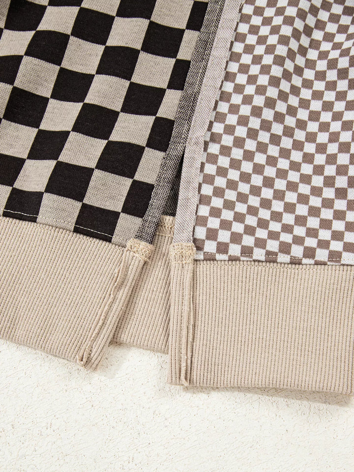 Mixed Checkered Pattern Patchwork High Low Casual Top