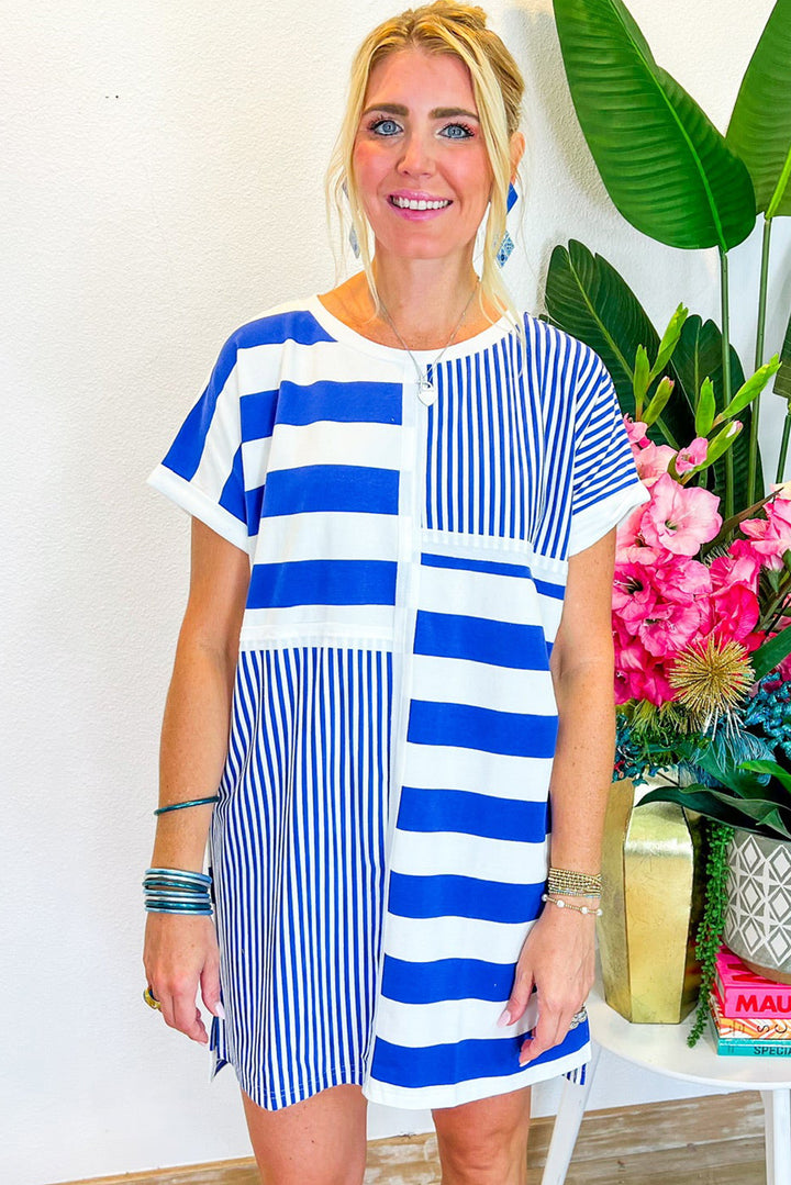 Blue Stripe Mixed Printed Short Sleeve Shift Mini T Shirt Dress