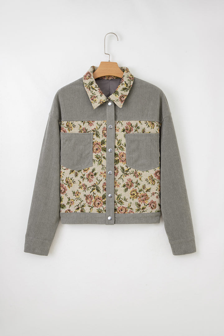 Medium Grey Ribbed Retro Floral Patchwork Shirt Style Jacket