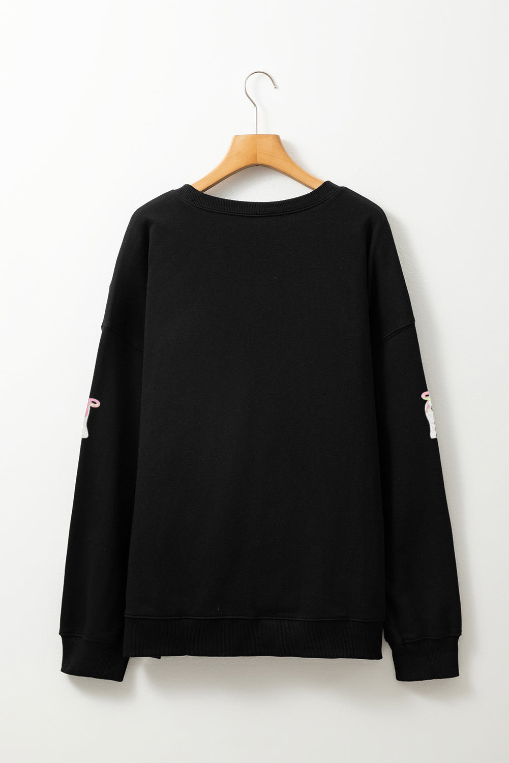 Black Sequin Cute Bow Ghost Graphic Crew Neck Halloween Sweatshirt