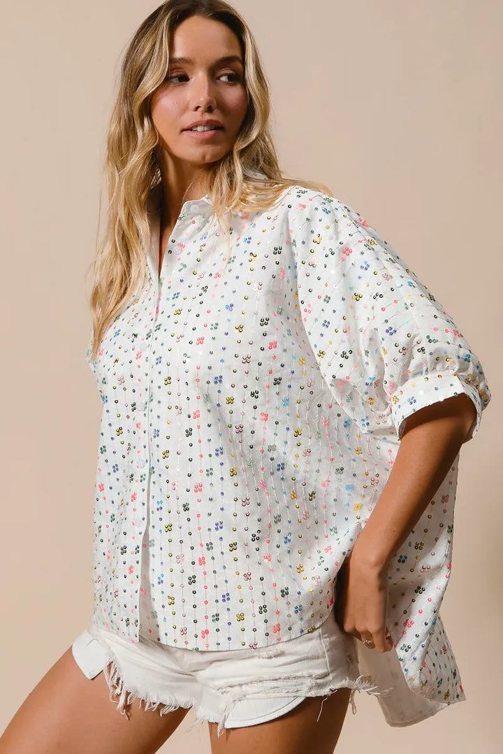 BiBi Sequin Striped Short Dolman Sleeve Blouse