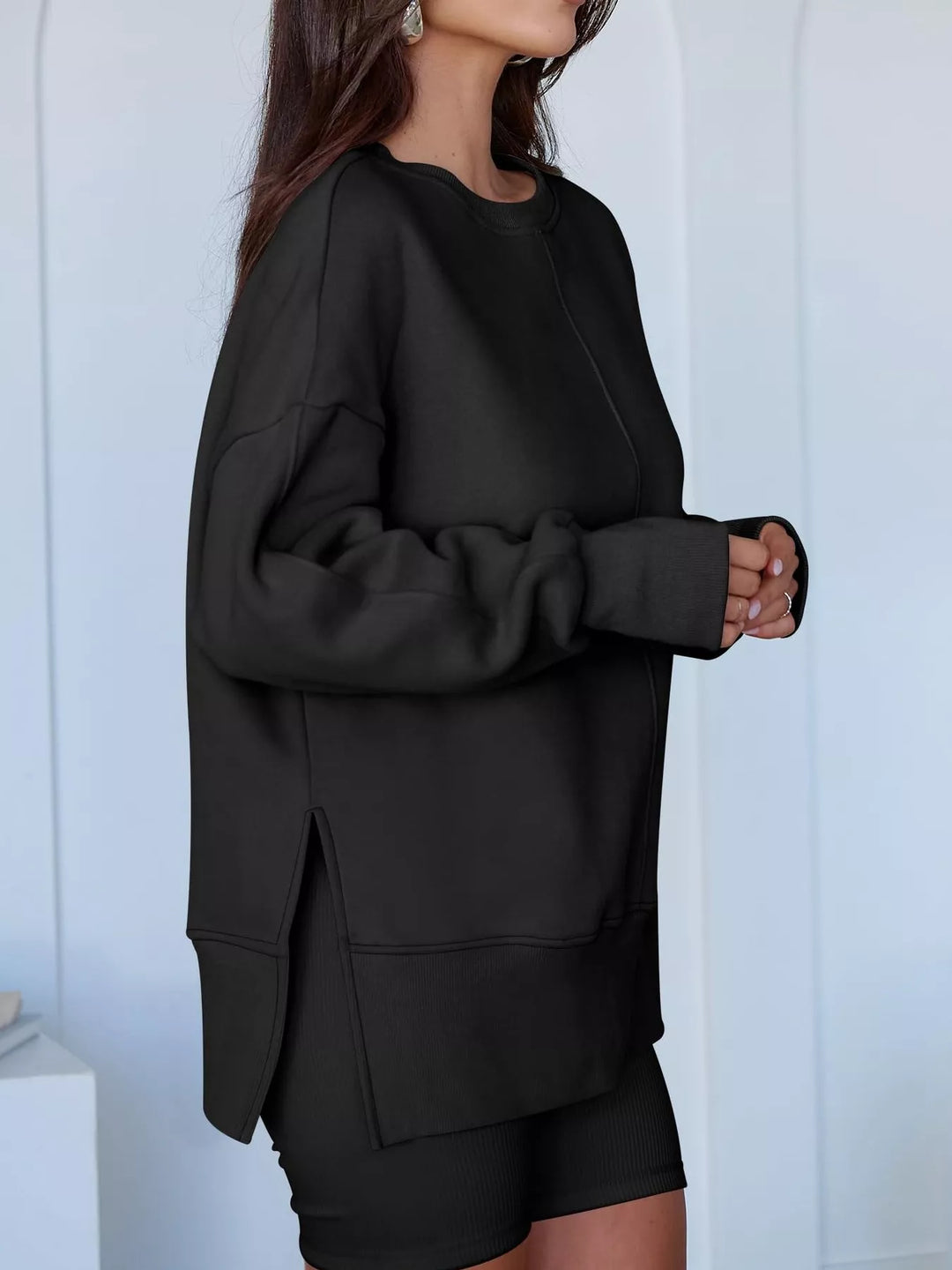 Side Slit Round Neck Long Sleeve Sweatshirt