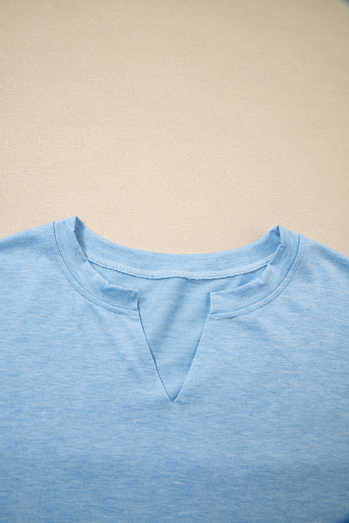 Myosotis Notched Neck Terry Raw Hem Long Sleeve Top