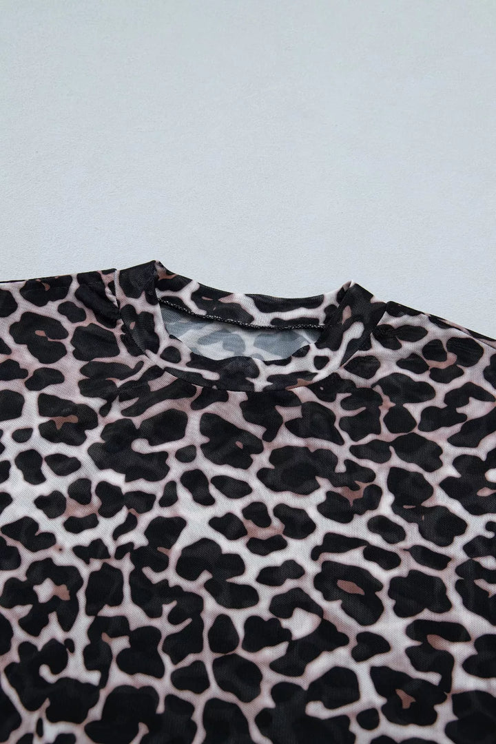Leopard Print Sheer Mesh Short Sleeve Top