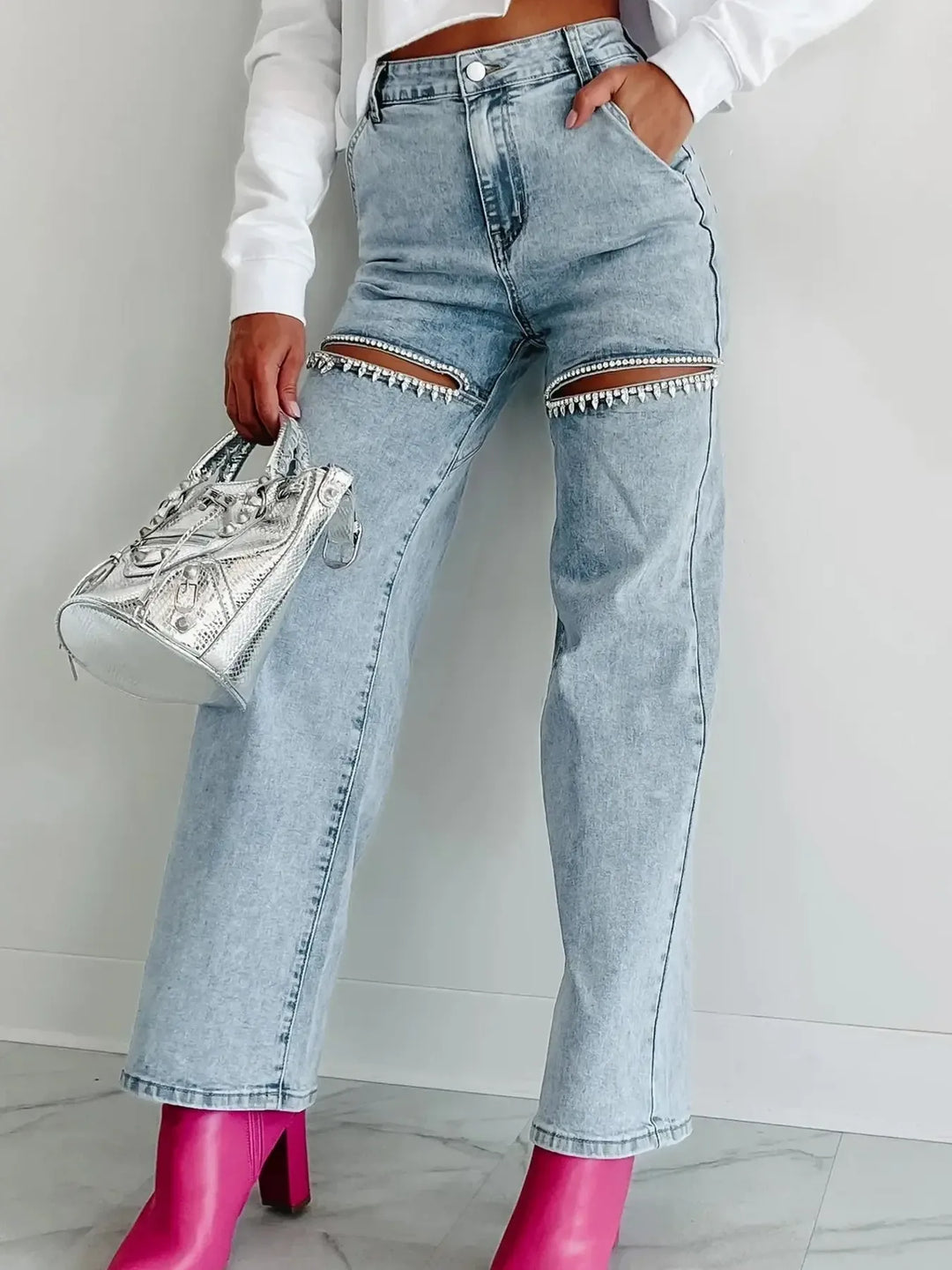 High Waist Cut-Out Wide Leg Jeans
