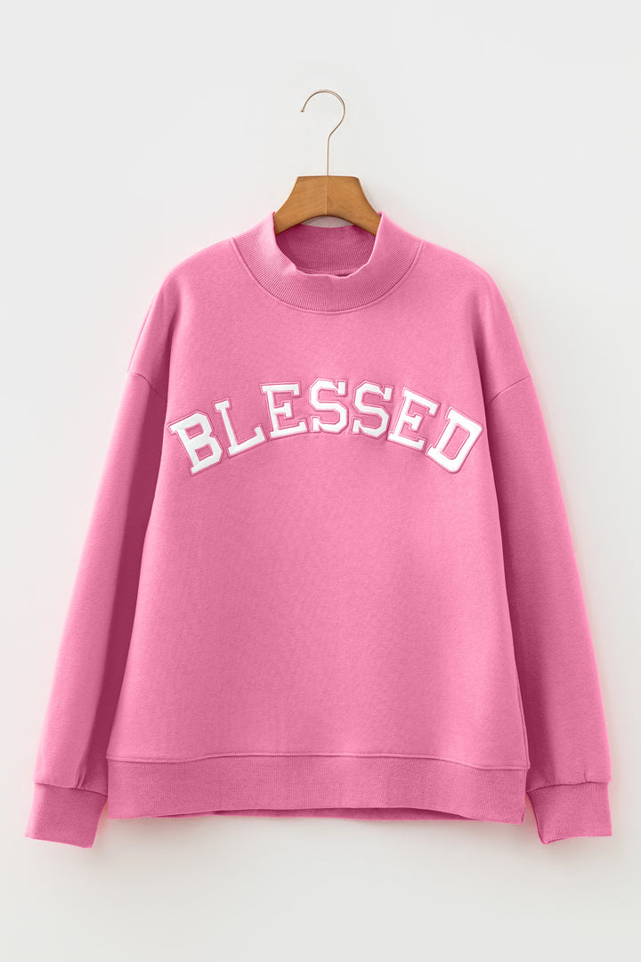 Bright Pink Oversize Blessed Embroidered Mock Neck Sweatshirt