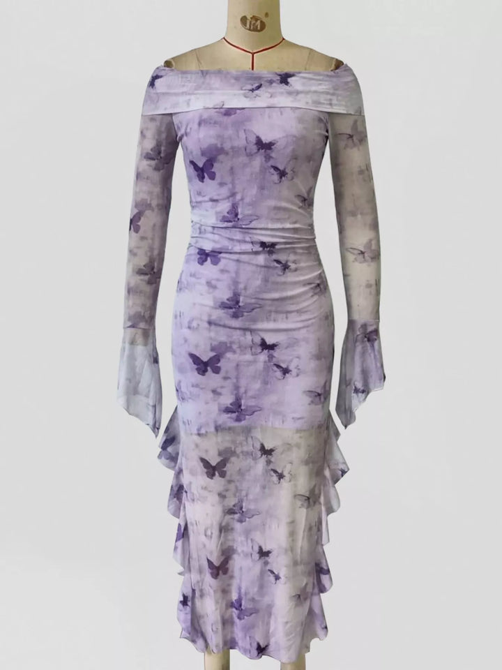 Butterfly Print Off-Shoulder Mesh Mermaid Dress
