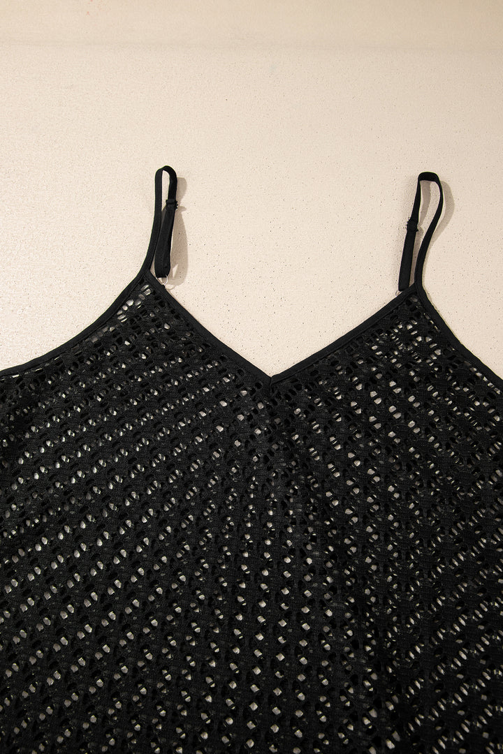 Black See Through Patterned Knit Ruffle Hem Patchwork Beach Cover Up