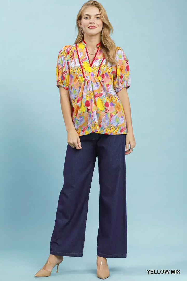 Umgee Abstract Print Puff Sleeve Top