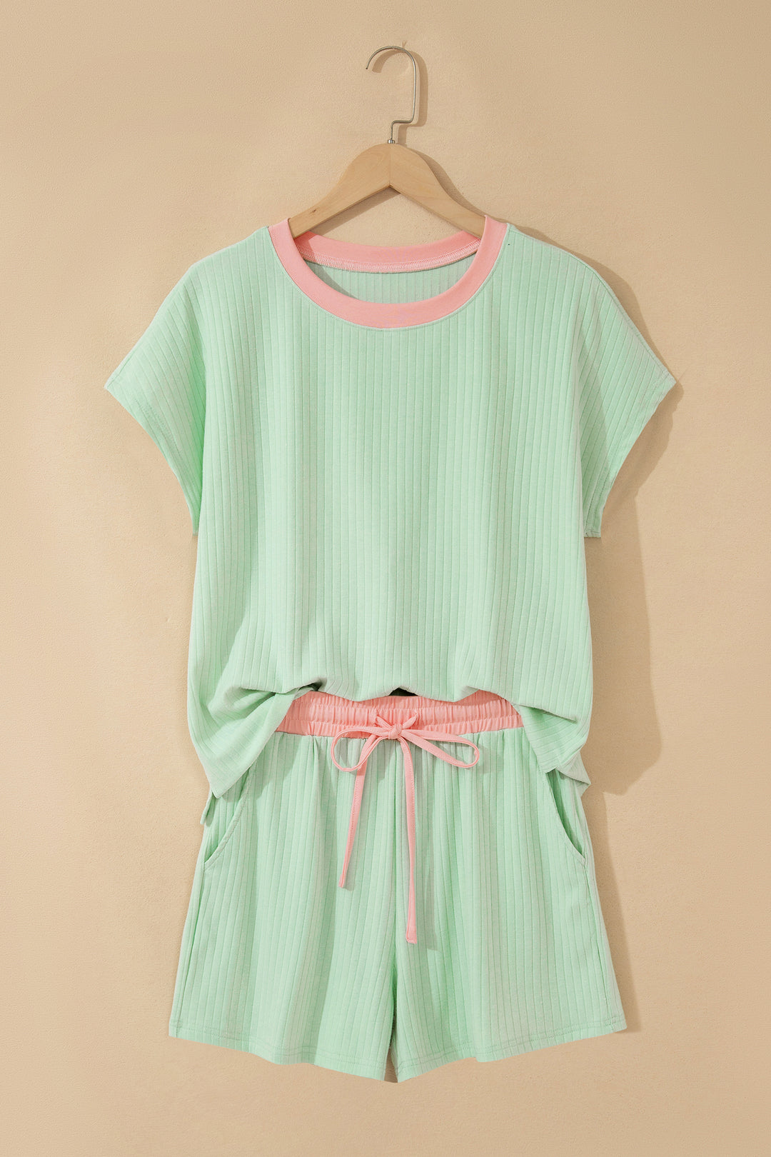 Clearly Aqua Soft Ribbed Color Block Trim Casual Short Set