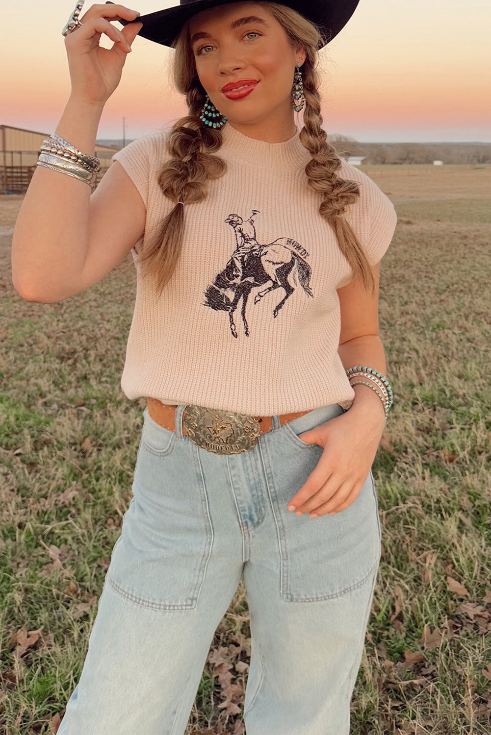 Oatmeal HOWDY Rodeo Cowboy Graphic High Neck Short Sleeve Sweater