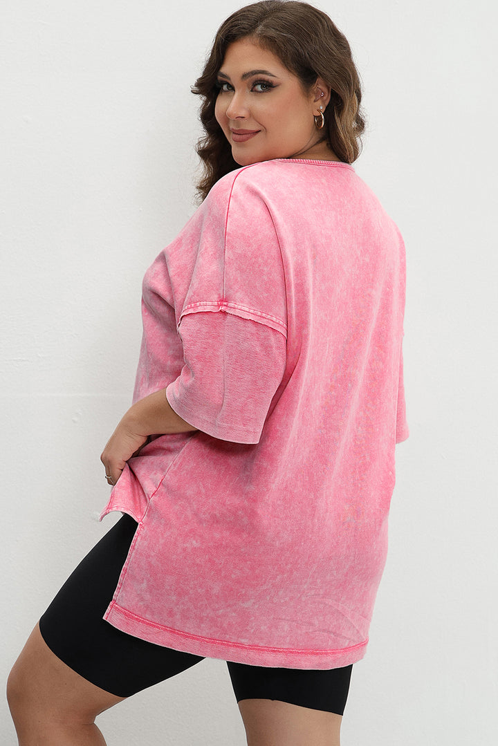 T-shirt patchwork à manches tombantes et délavage minéral rose fraise