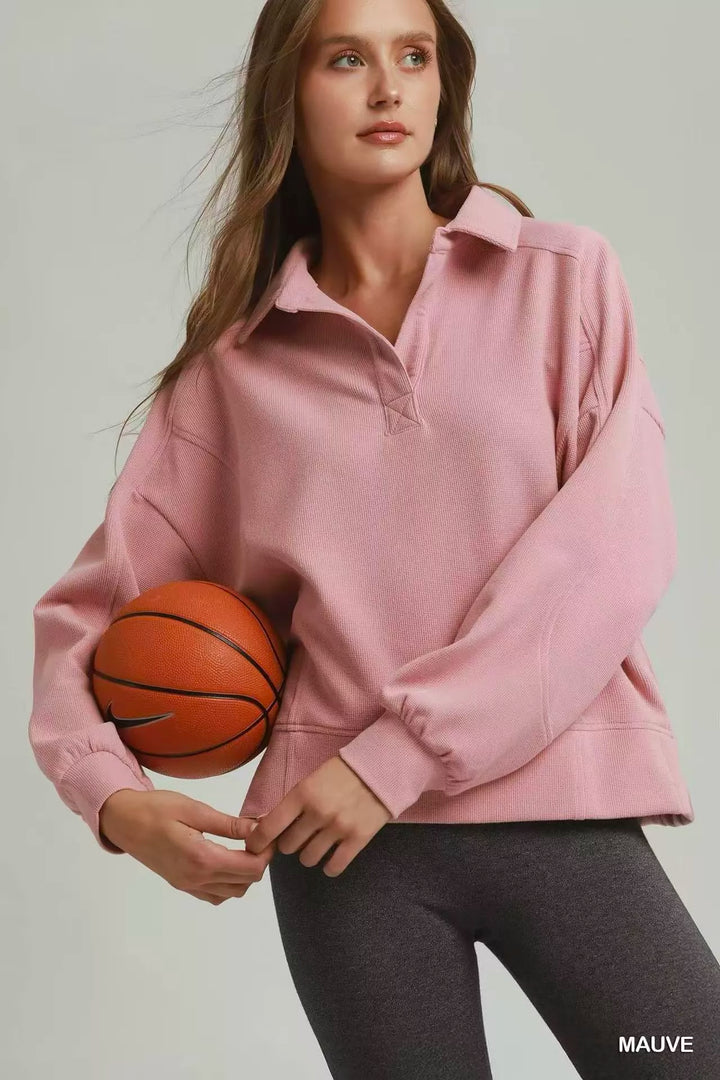 Umgee Brushed Waffle Polo Collared Pullover