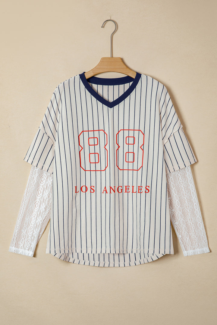 Blue Stripe 88 LOS ANGEL Graphic Lace Patchwork Faux Two Piece V Neck Top
