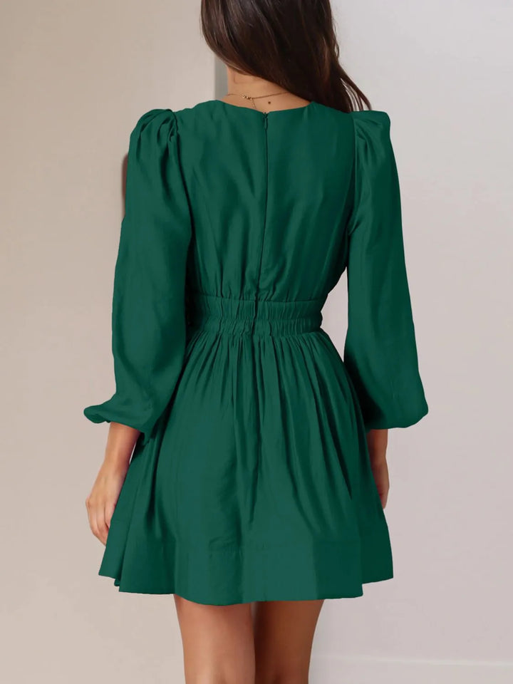 Ruched V-Neck Balloon Sleeve Mini Dress