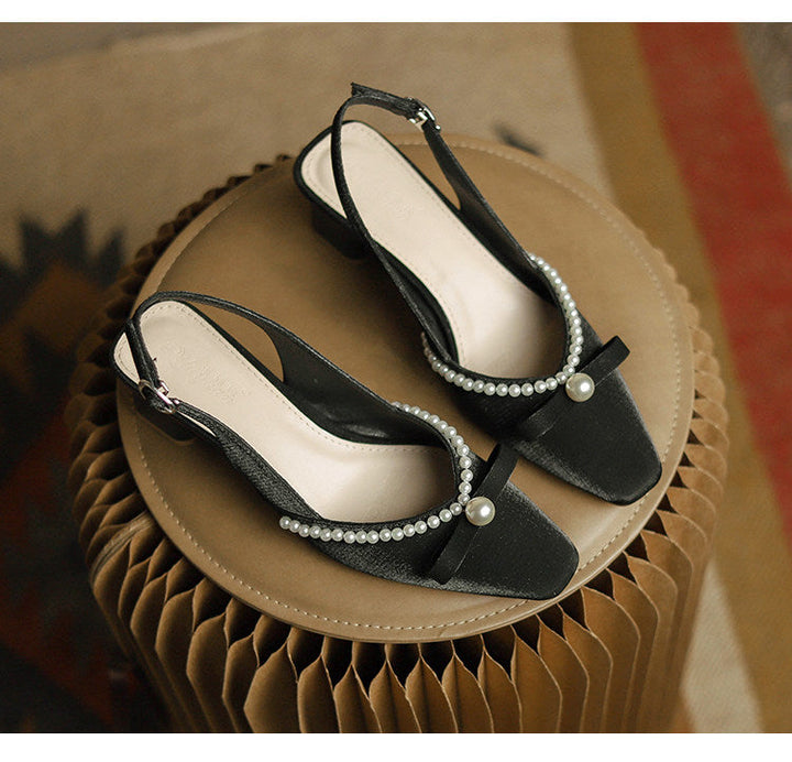 Women Block Heel Closed Toe Sandals, 2026 Summer New Fashion Square Toe Back Strap Pearl Fairy Style High Heel Pumps