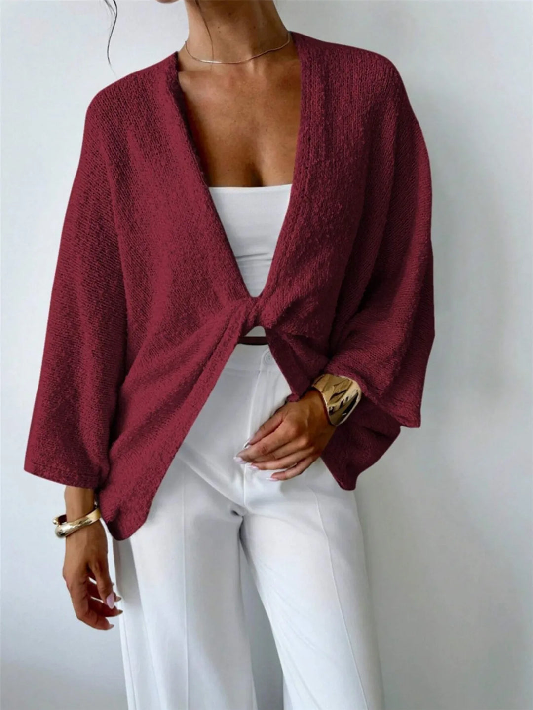 Twist-Front Textured Knit Cardigan