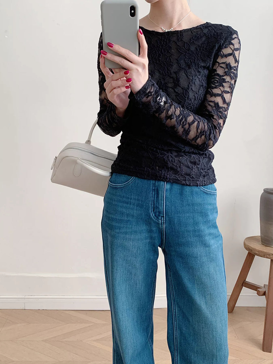 Lace Round Neck Long Sleeve Top
