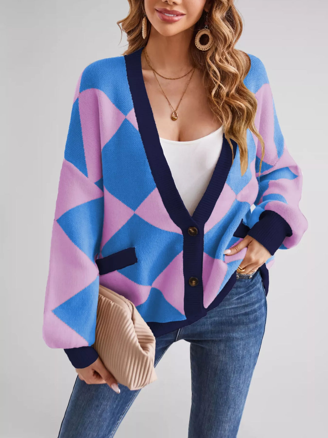 Diamond Pattern Button-Up Knit Cardigan