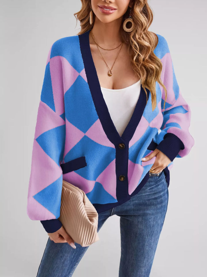 Diamond Pattern Button-Up Knit Cardigan