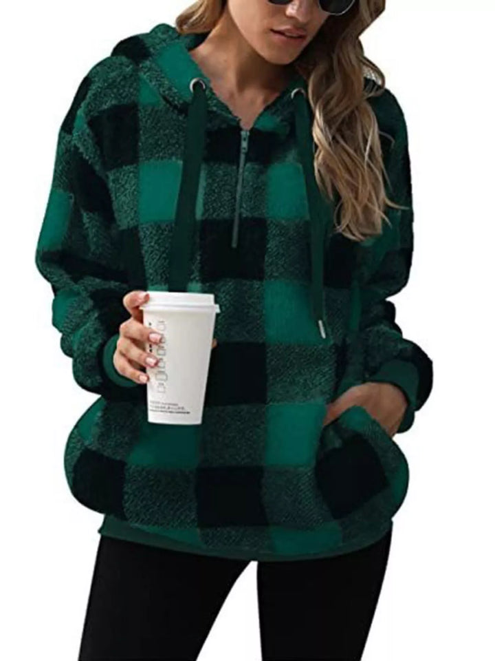 Full Size Plaid Sherpa Drawstring Hoodie Plus Size