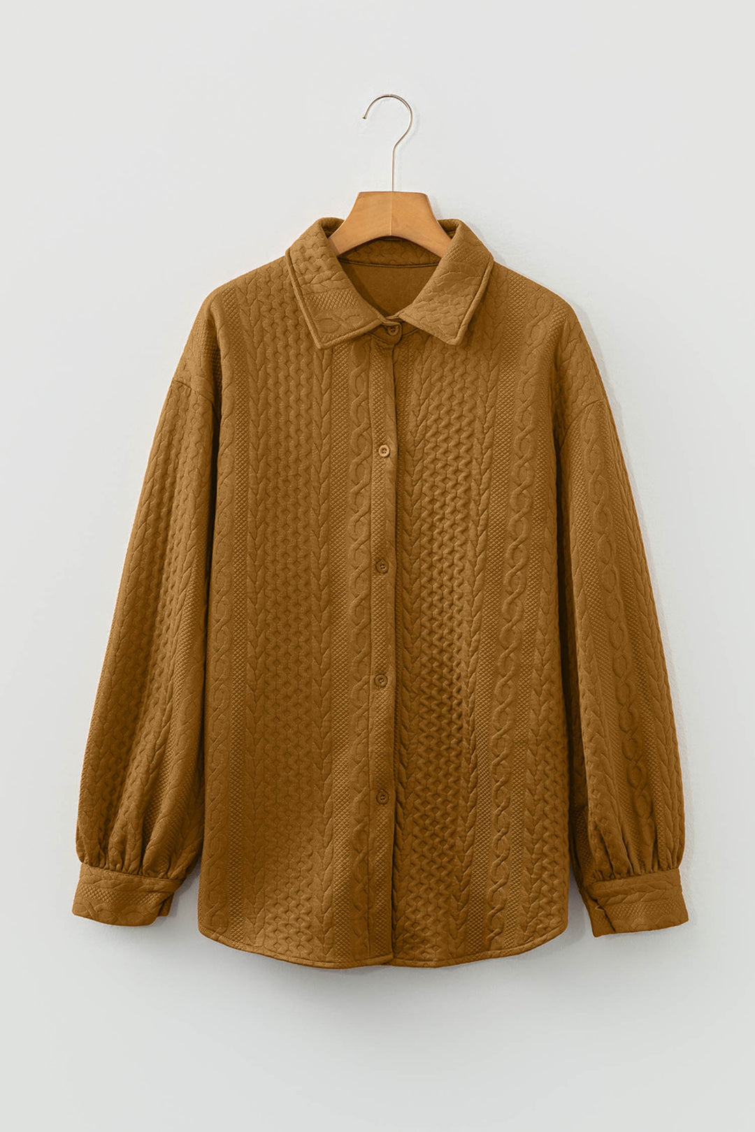 Camel Cable Texture Puff Sleeve Loose Shacket