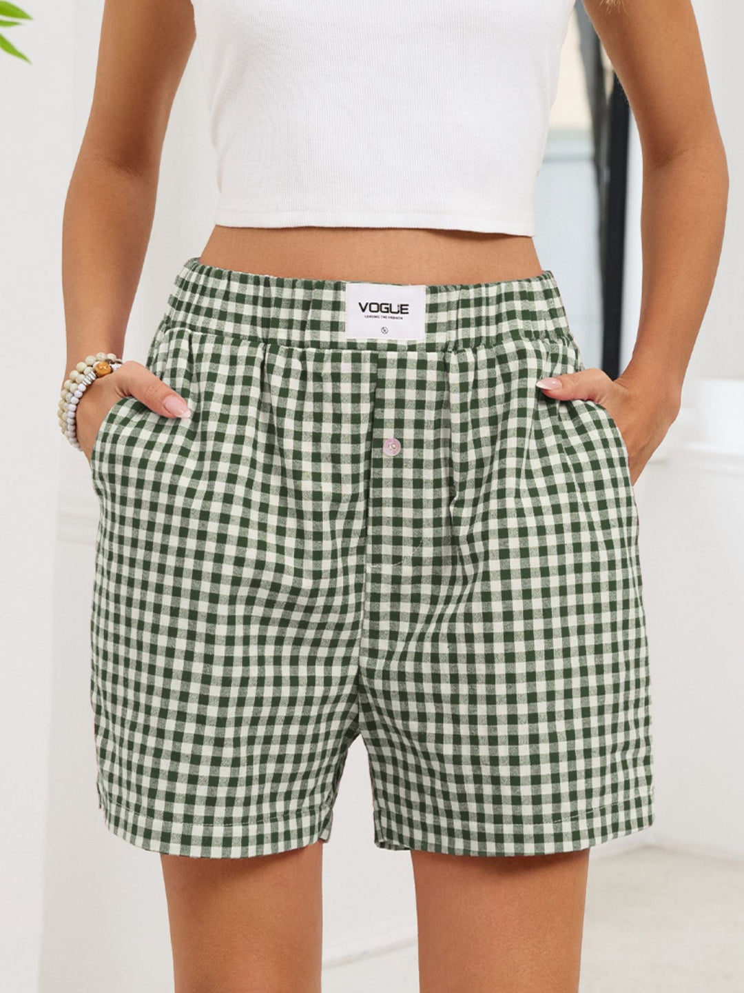 Gingham Elastic Waist Casual Shorts