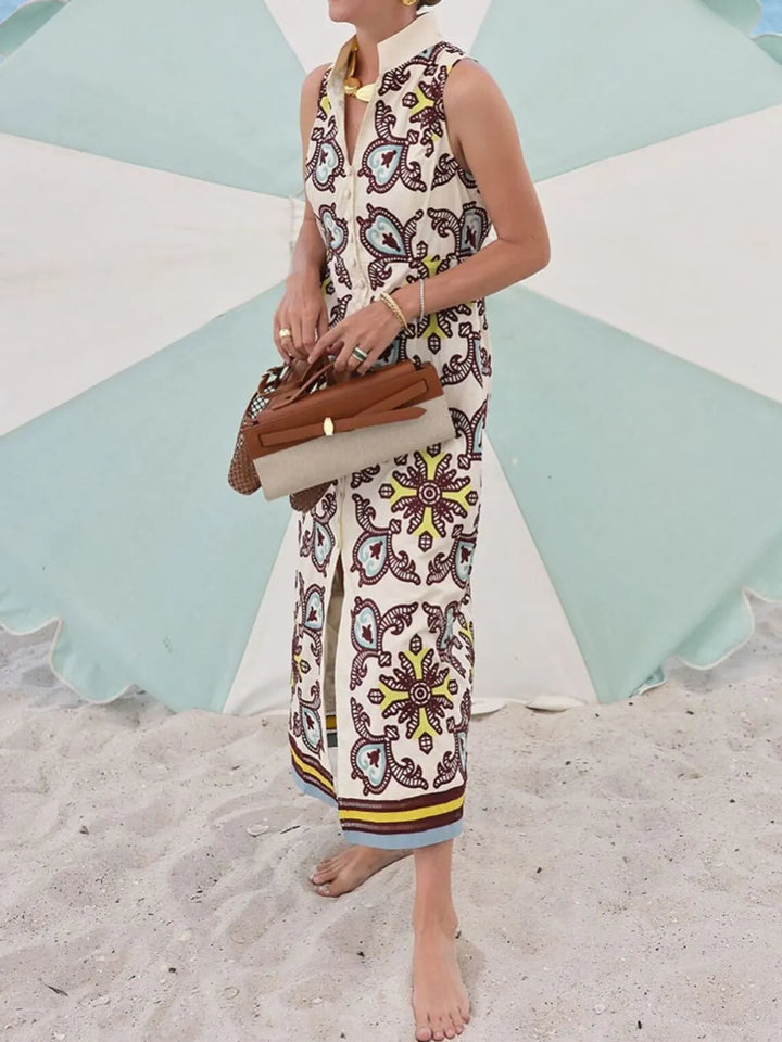 Printed Button Front Sleeveless Dress
