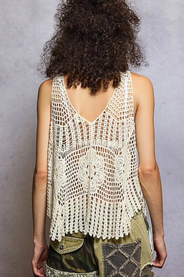 POL Openwork V-Neck Crochet Tank