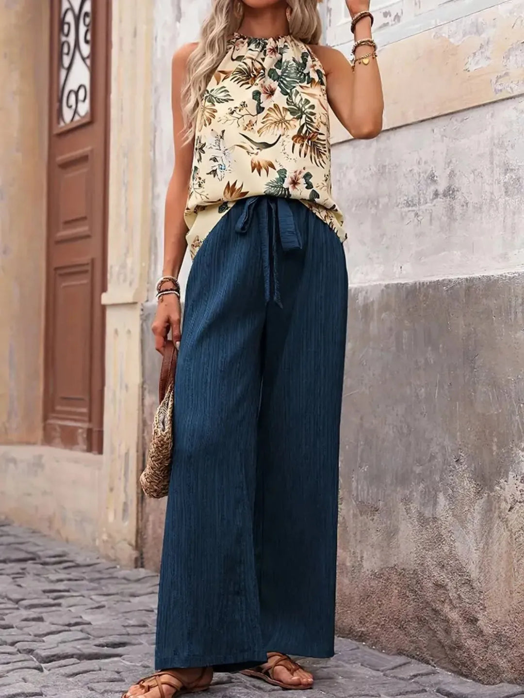Printed Tank Top and Wide Leg Pants Set