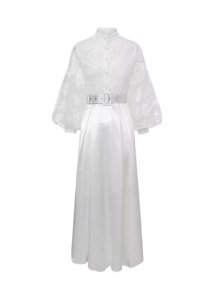 Lace Lantern Sleeve Belted Maxi Dress