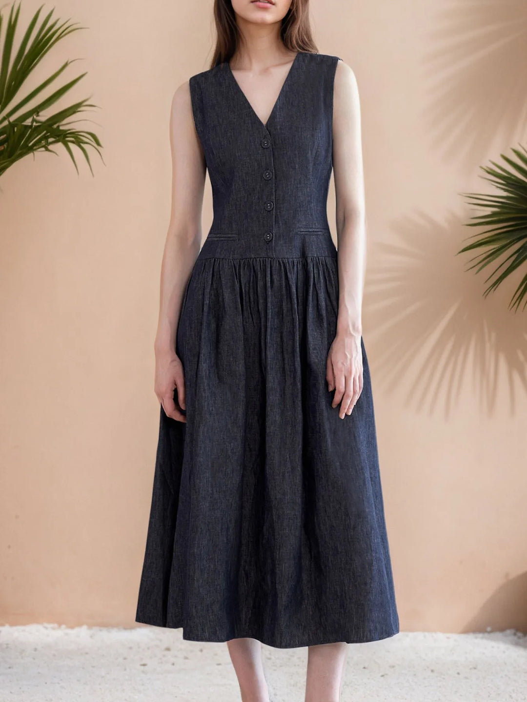 V-Neck Sleeveless Midi Dress