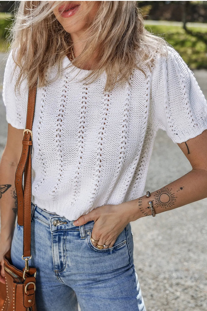 Openwork Round Neck Short Sleeve Knit Top