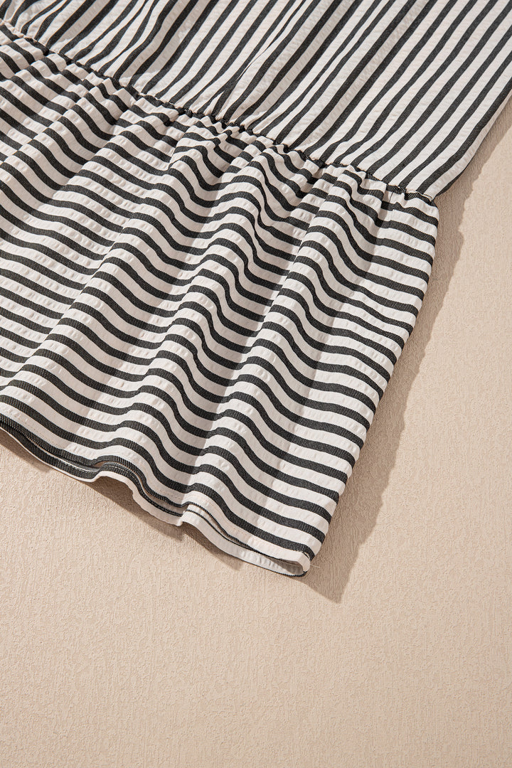 Black Stripe Scallop Trim Shirt Collar Half Button 3/4 Sleeve Long Dress