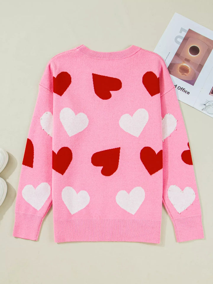 Pearl Embellished Heart Pattern Valentines Day Sweater