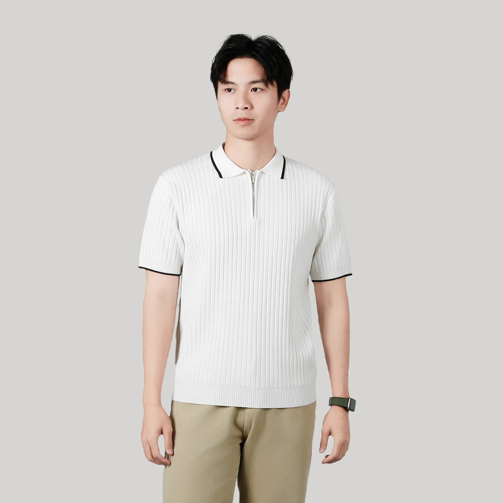 Men's Half-zip Ice Silk Knitted Lapel Vertical Striped Top