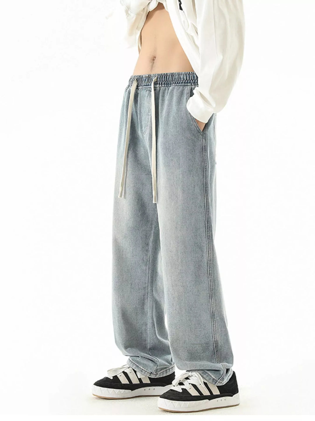 Men's Full Size Wide Leg Drawstring Jeans Plus Size