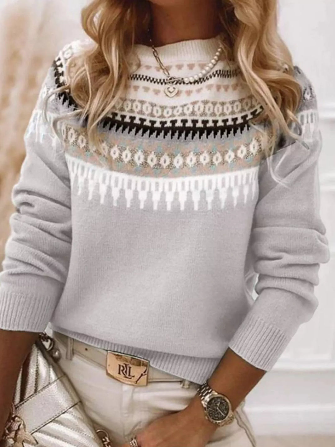 Full Size Vintage Patterned Round Neck Sweater Plus Size