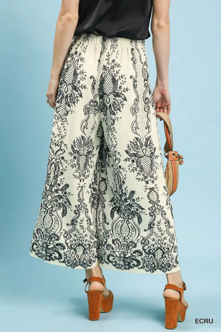 Umgee Border Print Wide Leg Pants