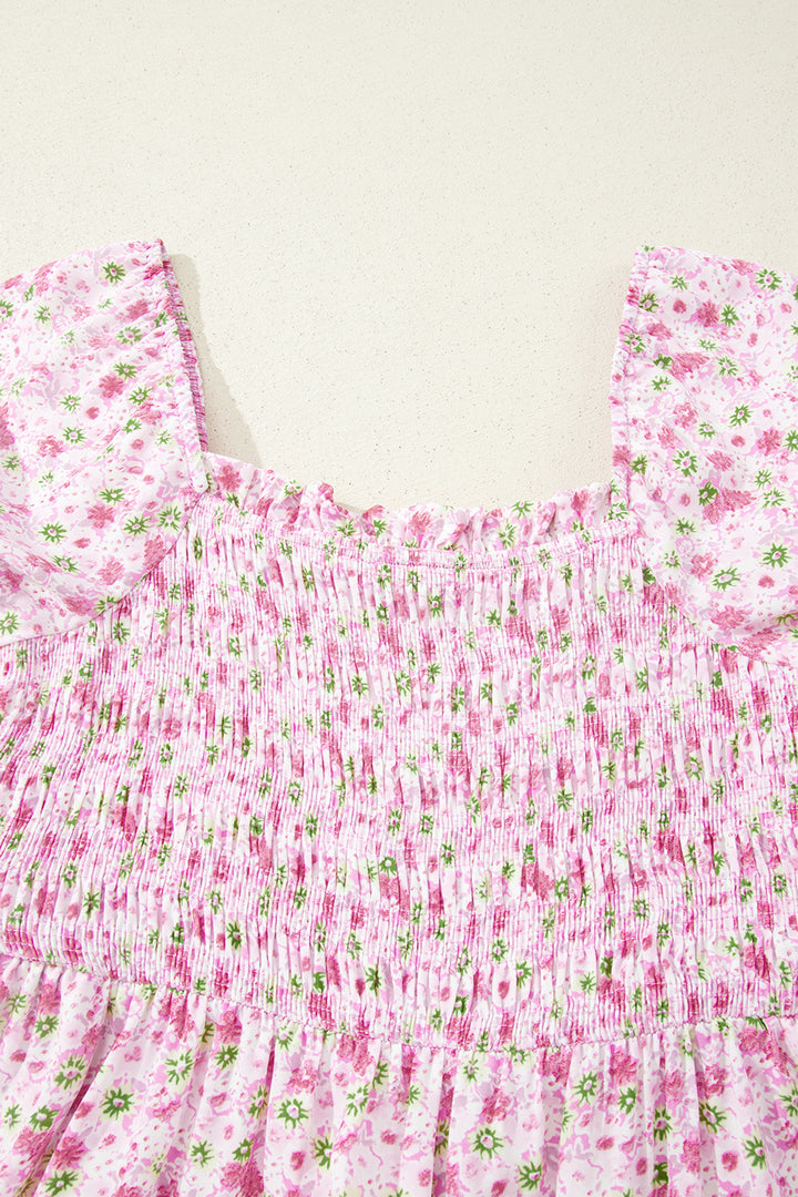Pink Floral Short Bubble Sleeve Shirred High Waist Maxi Dress