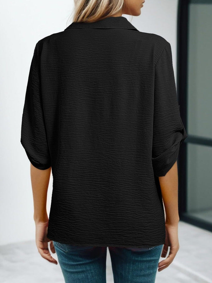 Johnny Collar Roll-Up Sleeve Blouse