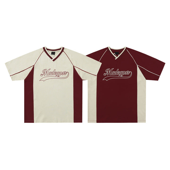 Short-sleeved Men's Summer Color Contrast Patchwork Loose T-shirt Couple Letters Top
