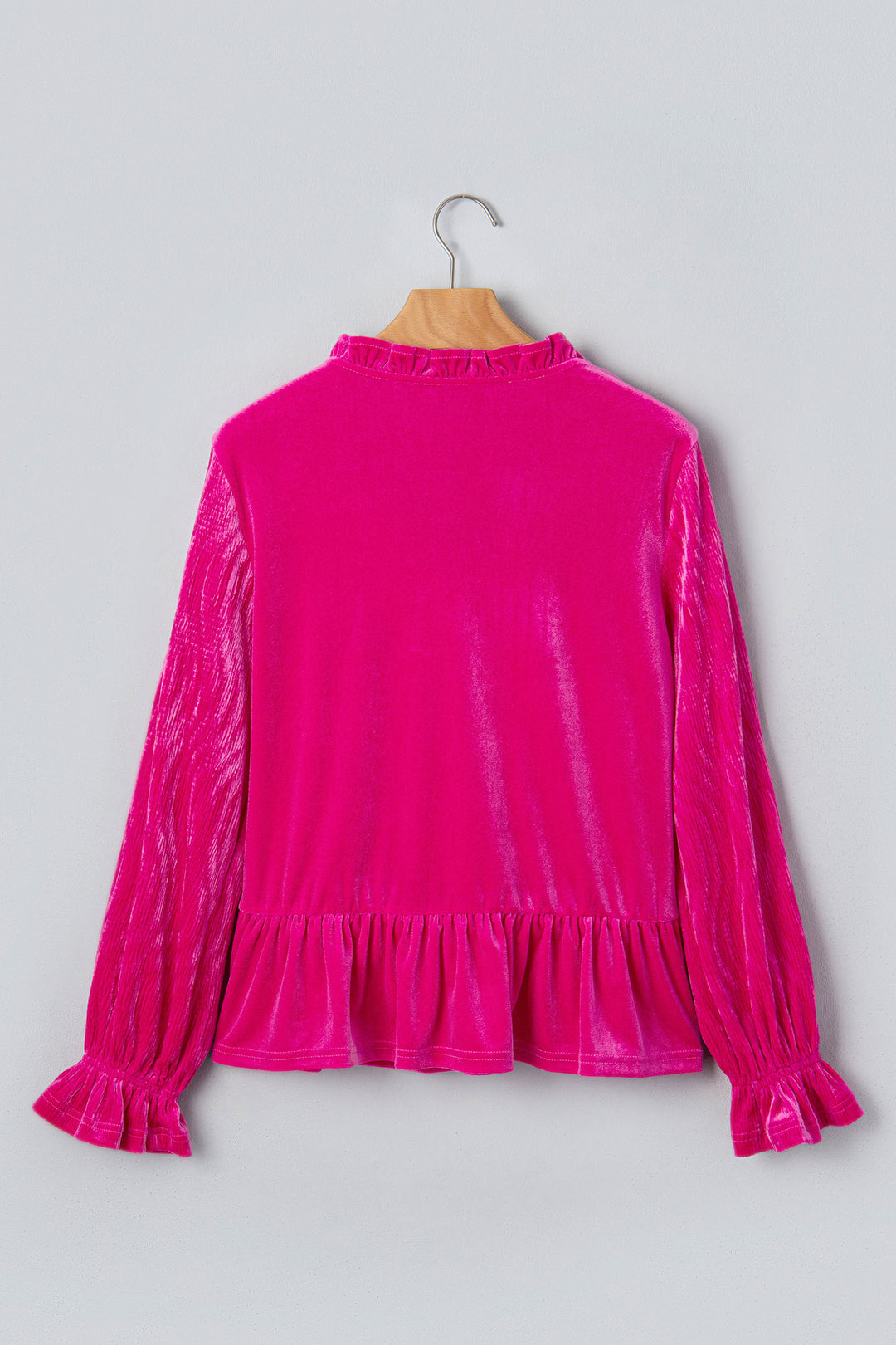 Strawberry Pink V Neck Velvet Ruffled Cuffs Hem Long Sleeve Top