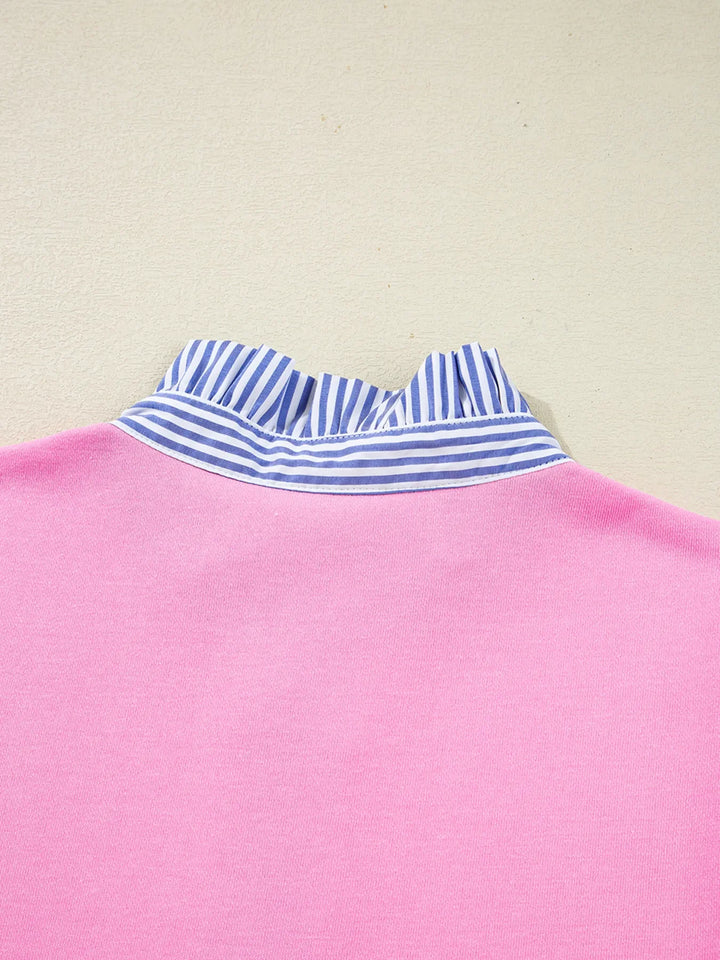 Contrast Striped Collar Patchwork Puff Sleeve Ruffle Hem Mini Dress
