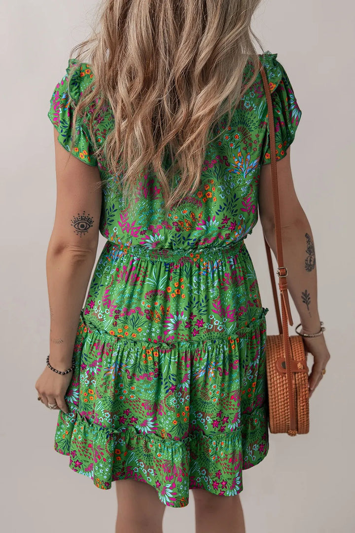 Floral Tie Split Neck Frilly Ruffle Trim Tiered Short Dress