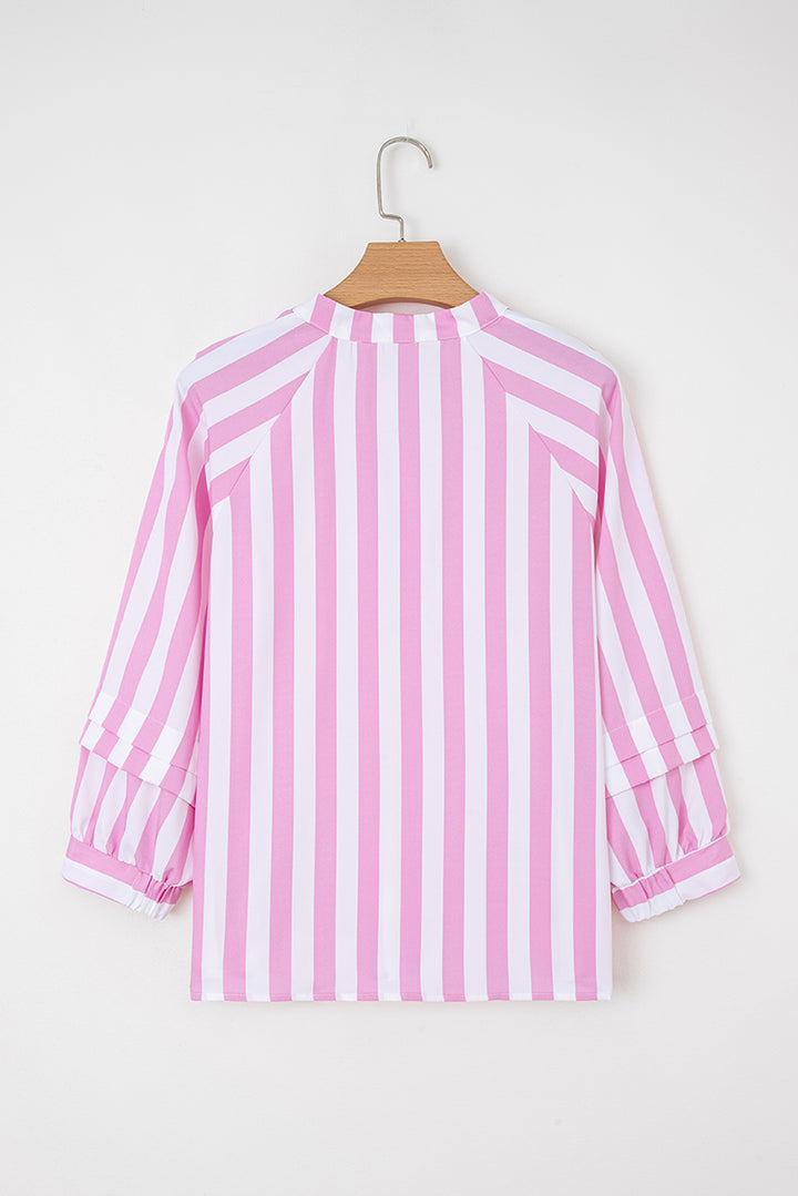 Rose Stripe Split Neck Button Decor Front Puff Sleeve Blouse