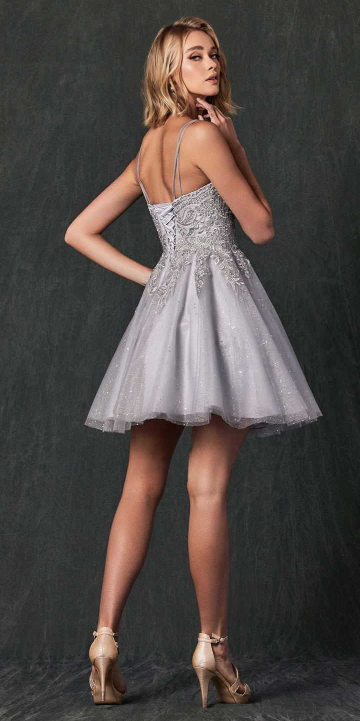 Juliet 857 Embroidered Top Short A-line Glitter Dress